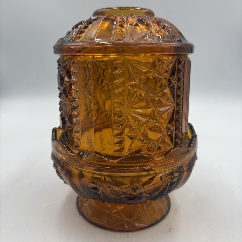 Vtg Indiana Glass Amber Stars & Bars  Fairy Lamp Candle Holder Whimsical Read